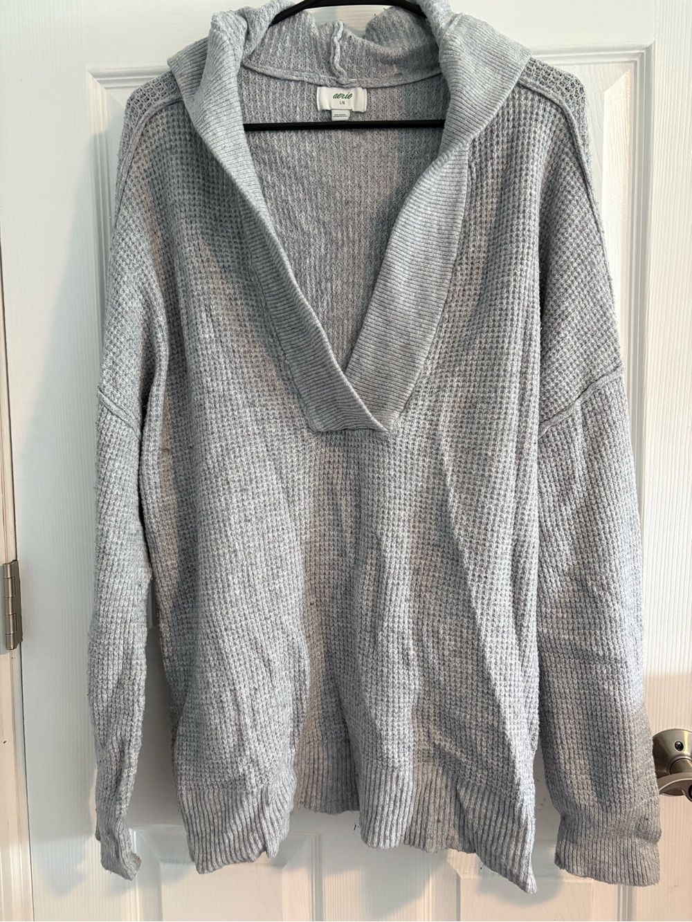 aerie Light Gray Waffle Knit Hooded Cowl Sweater